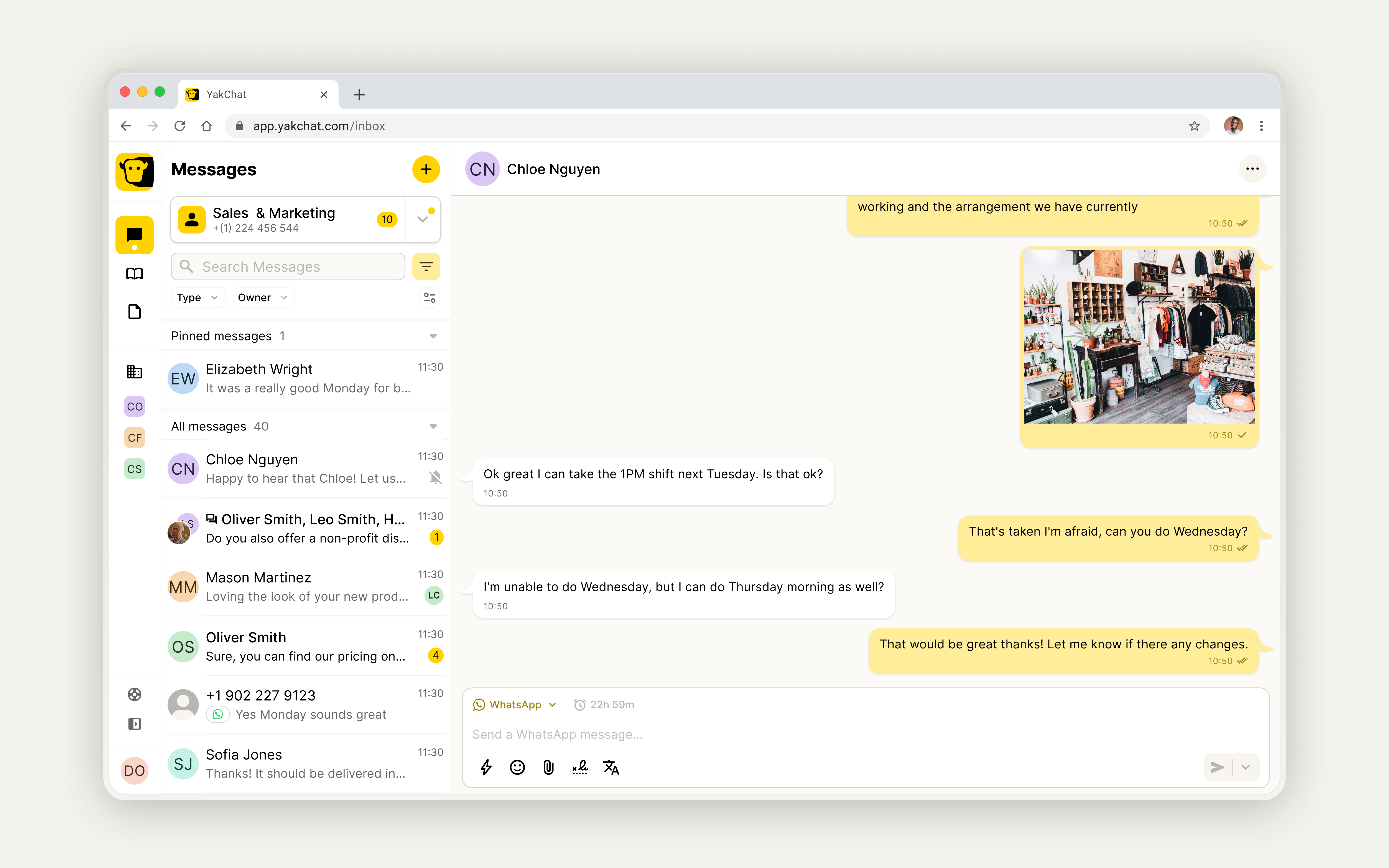 Yakchat inbox with WhatsApp integration